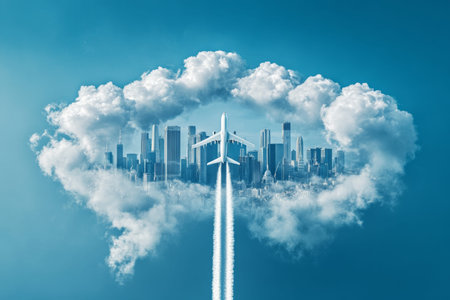Skyward journey airplane against landmark shaped clouds and city skyline in vibrant blue background