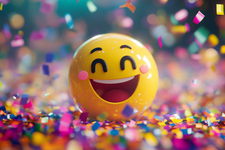 Joyful smiling emoji surrounded by vibrant confetti and soft bokeh for a captivating visual effect