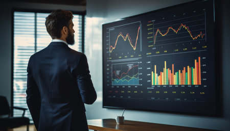 Businessman analyzing financial data on large screen in office conference room presentation focusの写真素材