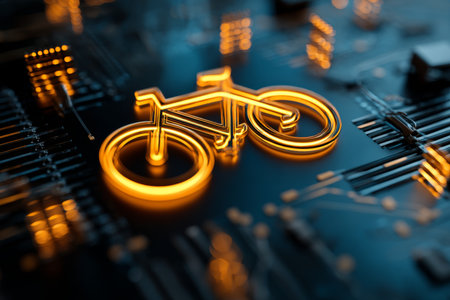 Vibrant yellow bicycle icon glows on circuit board with sparkling neon lights and technology vibeの写真素材