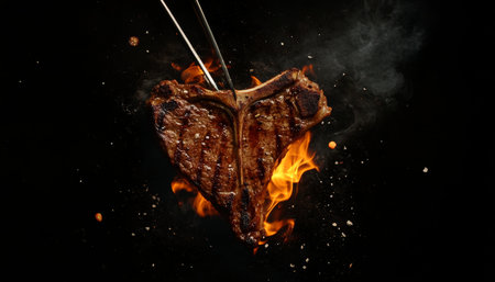 Captivating image of a T-bone steak on the grill surrounded by flames and smoke on a black backgroundの写真素材