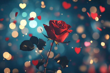 Romantic red roses with falling petals and shiny bokeh lights for a valentine's day celebrationの写真素材