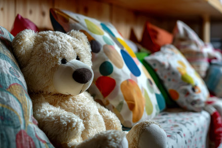 Adorable teddy bear surrounded by vibrant pillows in a cozy children s room close up photographyの写真素材