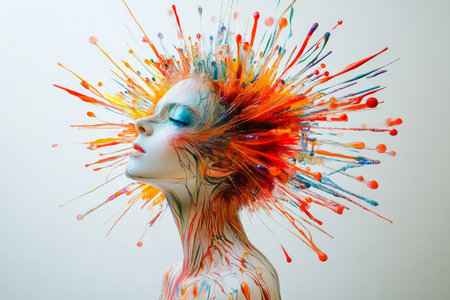 Abstract expressionism colorful lines and shapes emanating from a woman s head in cosmic designの写真素材