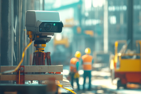 Engineer installing cctv camera at construction site with daylight bokeh effect and copy spaceの写真素材