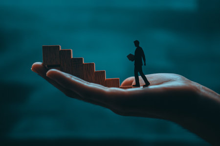 Hand holding wooden blocks with employee silhouette climbing steps, symbolizing growth and successの写真素材