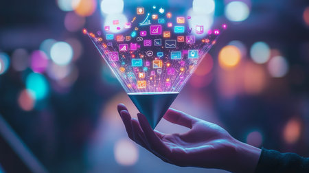 A hand holding a marketing funnel with digital icons for social media advertising strategy