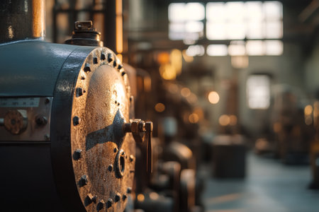 Close up of an antique steam boiler in a workshop with warm light and reflected metal surfaceの写真素材