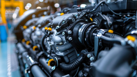 Detailed display of a car engine with camshaft and belt at an automotive exhibition showcaseの写真素材