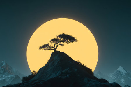 Silhouette of acacia tree on mountain with half circle yellow moonlight in fantasy digital artの写真素材