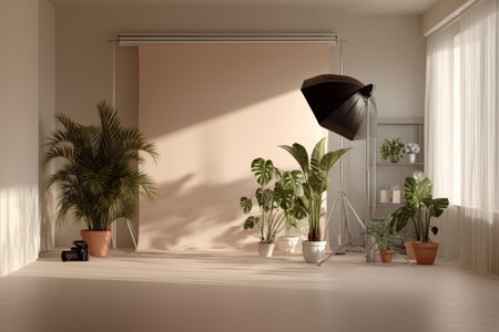 Modern minimalist photo studio with beige background, softbox, and camera equipment setup