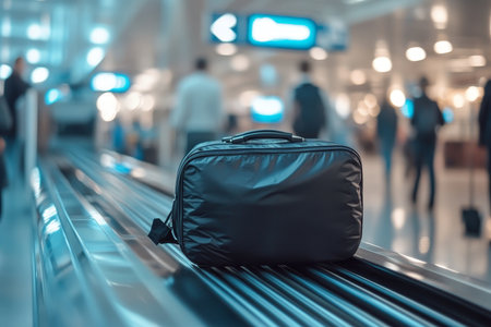 Close up of a black luggage bag on airport conveyor belt with blurred passengers in backgroundの写真素材
