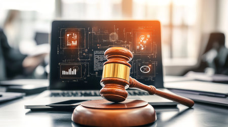 Exploring the intersection of law and technology office scene with gavel, tablet, and laptopの写真素材