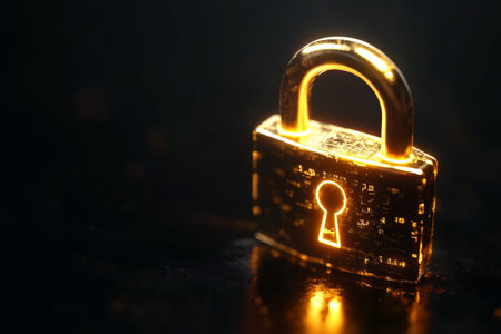 Glowing golden padlock icon surrounded by digital data on black background cyber security concept