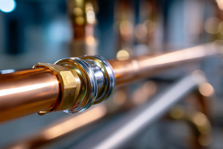 Close up of copper pipes in modern home heating system with bokeh background for underfloor heatingの写真素材