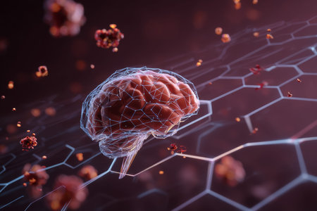 3d visualization of a digital brain and human cell amidst hexagon pattern in dark maroon theme