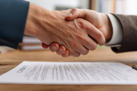 Businessmen shaking hands over a contract document in an office setting, close up viewの写真素材