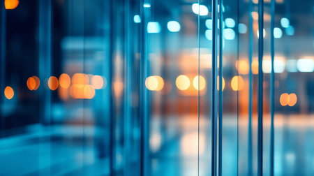 Abstract blurred office interior with glass doors and blue bokeh lights business concept visual