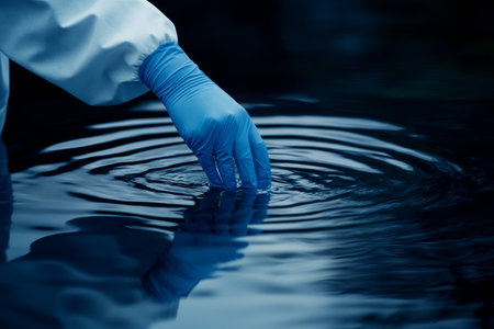 Scientist collecting water samples from a pond for pollution control research in protective gearの写真素材
