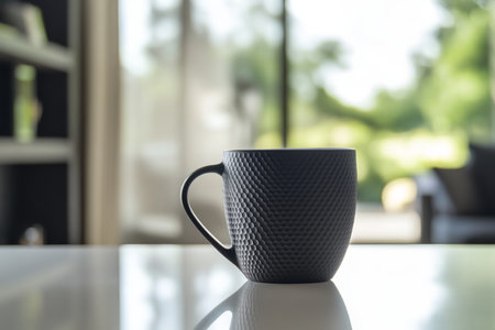 Modern office workspace with laptop on white table, blurred home interior backgroundの写真素材