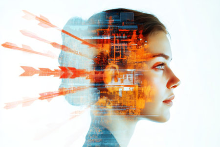 Double exposure portrait of woman with digital arrows representing business technology and ai future
