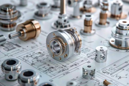 Intricate 3d render of mechanical components against a backdrop of engineering blueprints