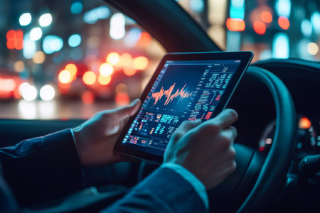 Businessman using tablet for stock market analysis in car at evening with city backdrop