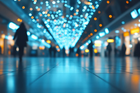 Blurred shopping mall background with bokeh lights for online retail and corporate presentationsの写真素材