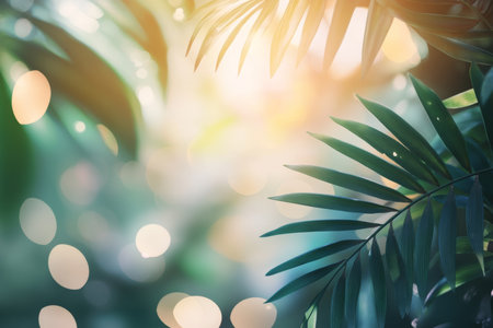 Blurred tropical plants with bokeh lights abstract nature background for travel and design conceptsの写真素材