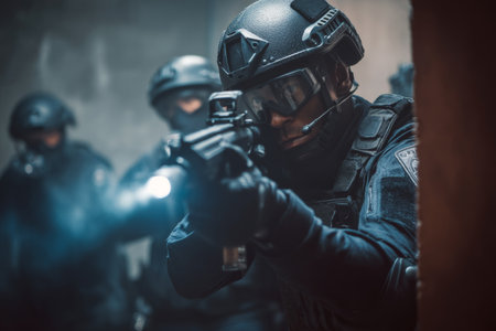Intense swat team action scene with officers in tactical gear and assault rifle readinessの写真素材