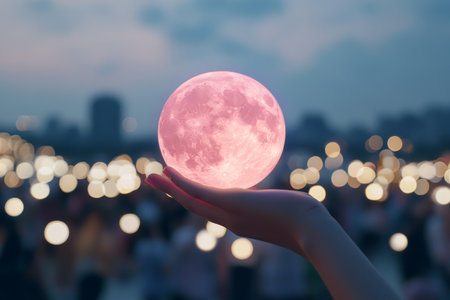 A woman s hand embracing a glowing pink moon amidst a crowd under a stunning night skyの写真素材
