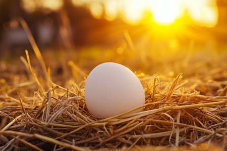 Close up of a white egg nestled in straw with a farm and sunset background in soft lightingの写真素材