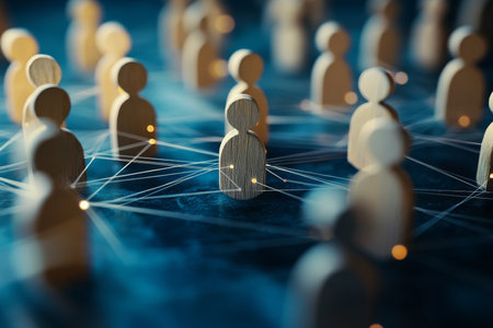 Abstract representation of human connections with wooden figures and bokeh effect on blue backgroundの写真素材