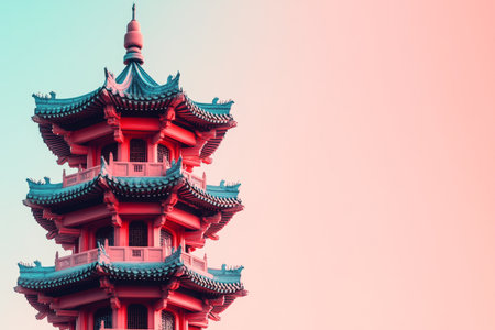 Minimalist pagoda tower in Chinese architecture with red and blue gradient backgroundの写真素材
