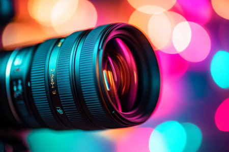 Close up of professional camera lens and aperture with colorful bokeh background for web banner useの写真素材
