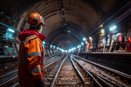 Engineer in hard hat working in underground tunnel with railway tracks under warm lightingの写真素材