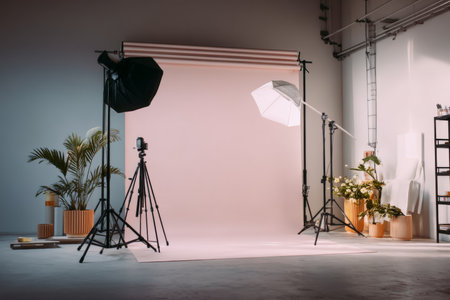 Modern minimalist photography studio featuring softbox lighting and light pink canvas backgroundの写真素材