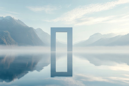 Stunning 3d visualization of a white portal gate reflected in serene water under sunrise mountainsの写真素材