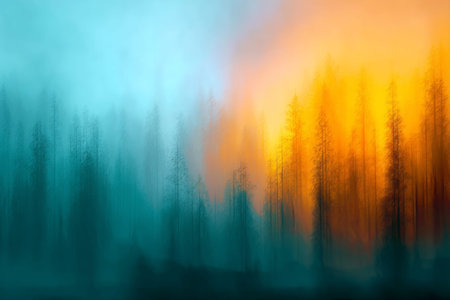 Colorful foggy forest in morning light a minimalistic digital art representation in pastel tones