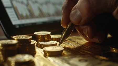 Hand holding a pen writing on financial chart with coins on digital tablet representing stock market
