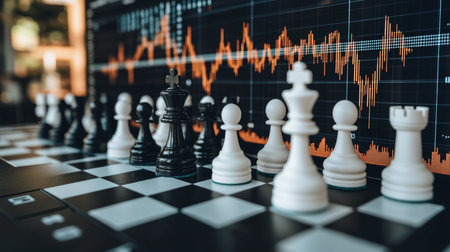 Minimalistic chessboard depicting stock market trends with financial graphs in black and white styleの写真素材