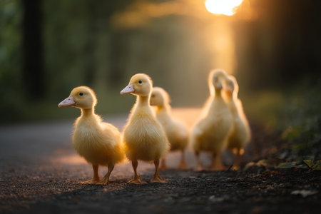 Fluffy yellow ducklings with sparkling eyes on a forest path at sunset, glowing feathers enchantの写真素材