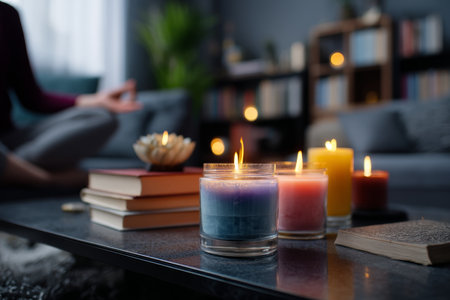A serene moment meditating individual surrounded by candles and books in a modern living roomの写真素材