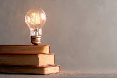 A stack of books with a light bulb symbolizing knowledge and ideas against a bright backgroundの写真素材