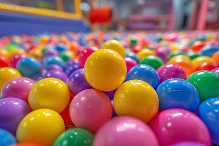 Vibrant collection of colorful plastic balls for kids playtime in a fun toy filled backgroundの写真素材