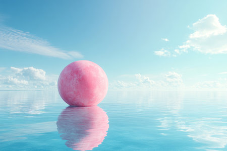 A tranquil pink planet floating on water, reflecting a dreamy blue sky in soft lightの写真素材