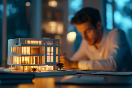 Real estate concept businessman with house model and office worker in background captured in detailの写真素材