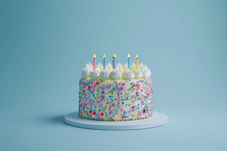 Vibrant birthday cake with colorful sprinkles and lit candles against a light blue background