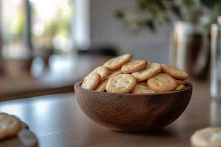 Close up of cheesy round cookies in a wooden bowl on a table delicious snack delight