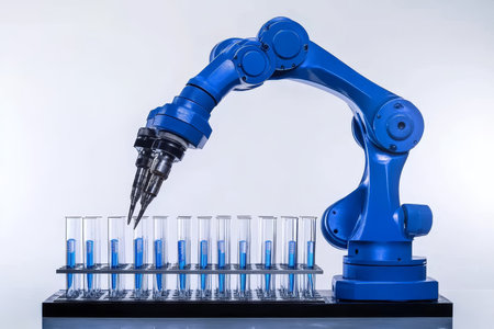 Close up of an industrial robot arm in a lab conducting ai medical research with test tubesの写真素材